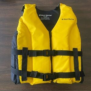 West Marine Youth Life Jacket Water Ski Buckle Vest Yellow Black 50-90 Lbs USCG